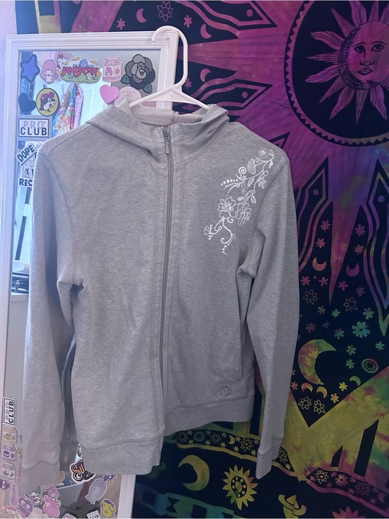 Sweaters - Light Gray Zip-Up Hoodie with White Floral Detail